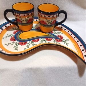 Paisley Shaped Platter w/ 2 Coffee Mugs Plus One Bowl